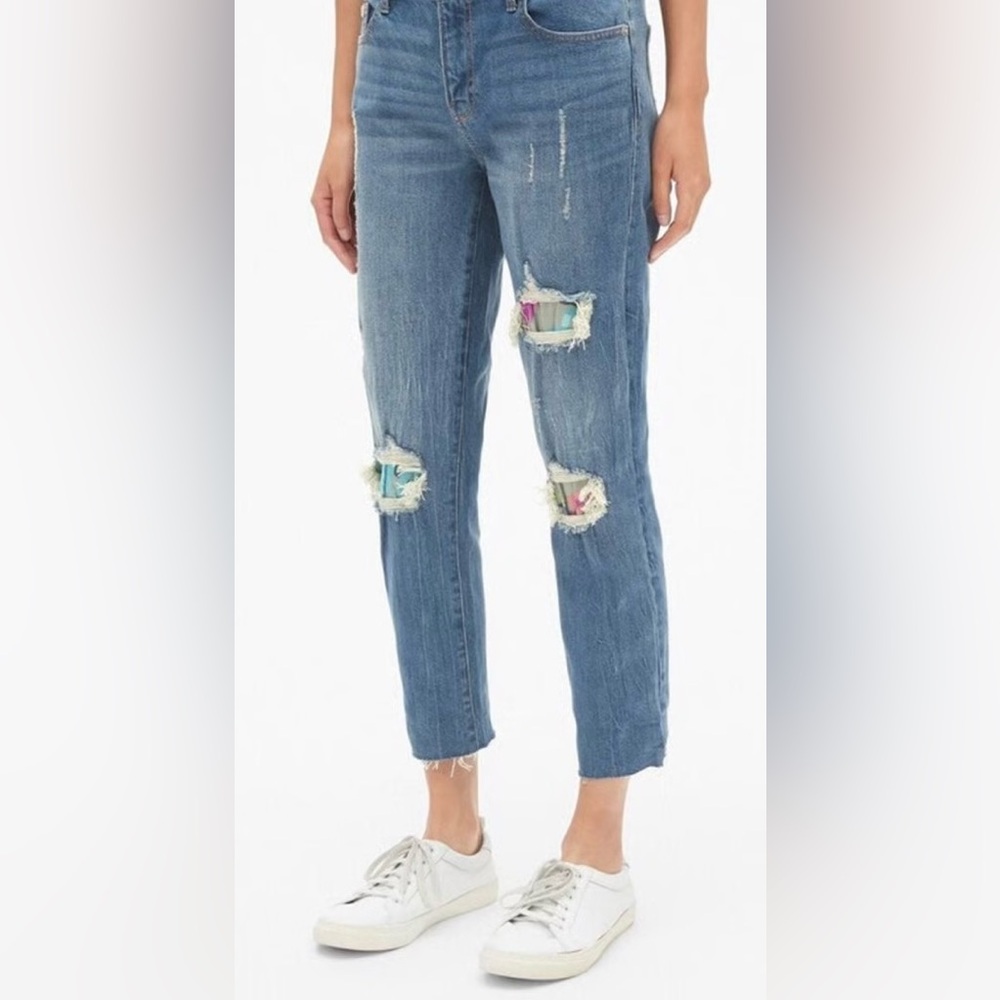 Seven 7 Mid Rise Relaxed Fit Distressed Jeans Colorful Patches Straight Leg Crop